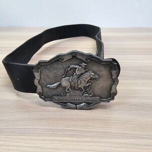 Mens Leather Work Belt 32 S Black 80s Winchester Western Heavy Buckle Pony Rodeo